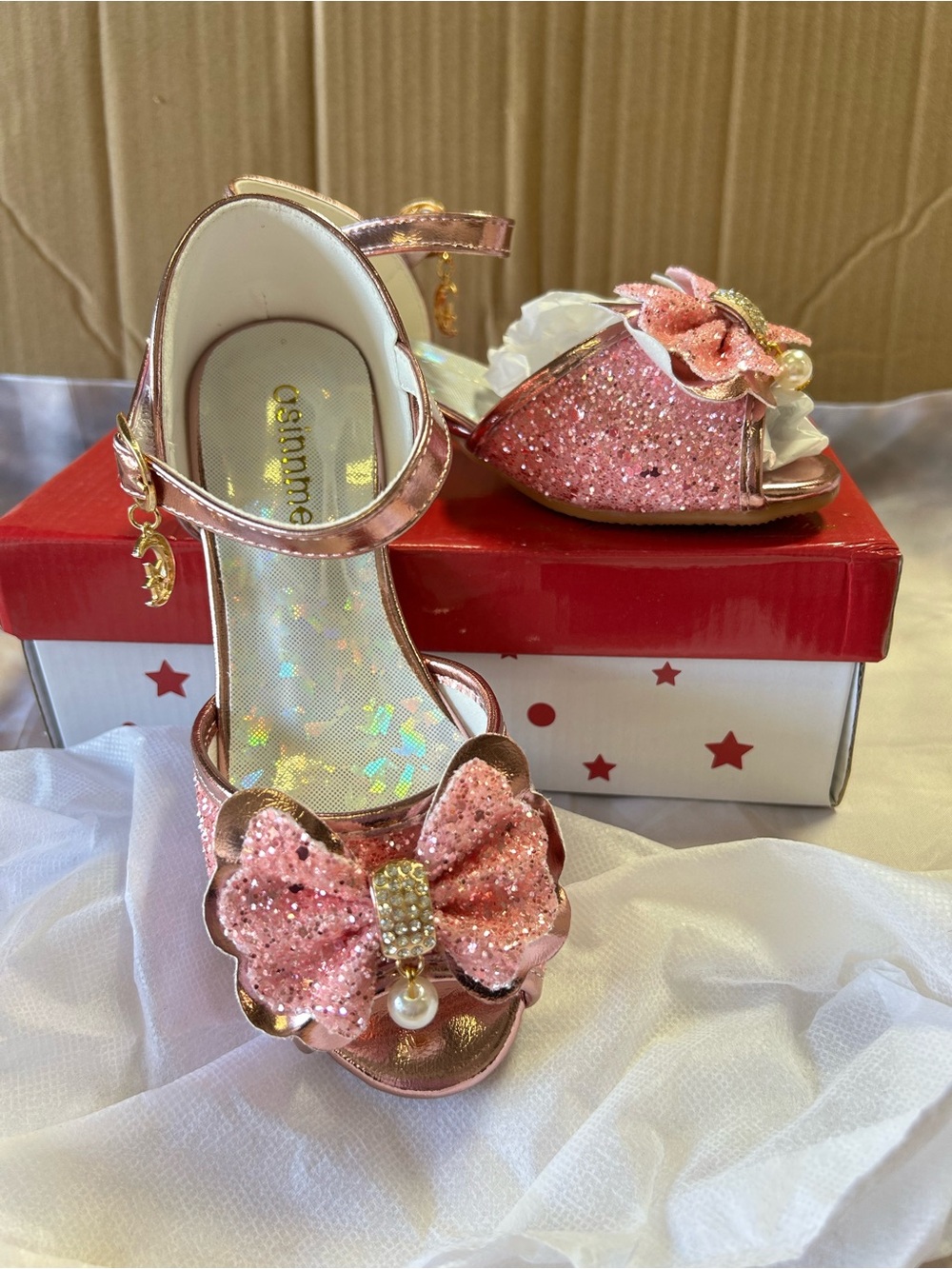 Osihnne Girls' Pink Glitter Bow Dress Shoes